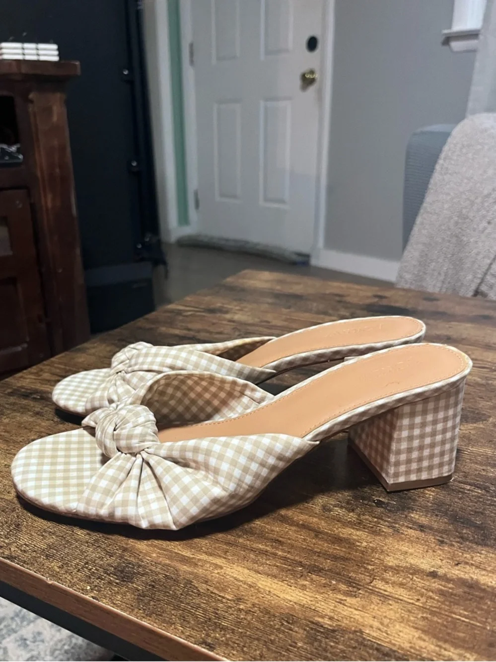 J.Crew Gingham Knot Slide Sandals Block Heel Tan & White Size 10